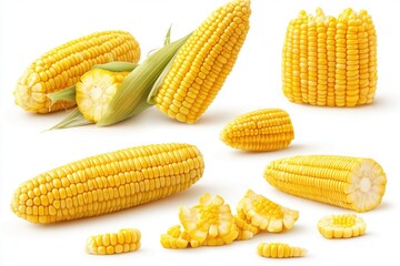 Isolated corn set with kernels  cobs  and packaging.