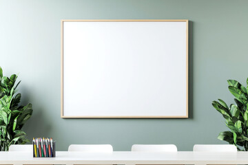 Whiteboard with markers and eraser in a modern classroom, 3D illustration