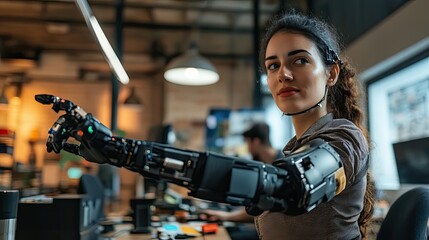 Young Woman With Prosthetic Arm Reaching Out in Office Setting