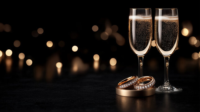 Two gold wedding rings with diamonds on them. The rings are on a black background. The rings are very shiny and sparkly