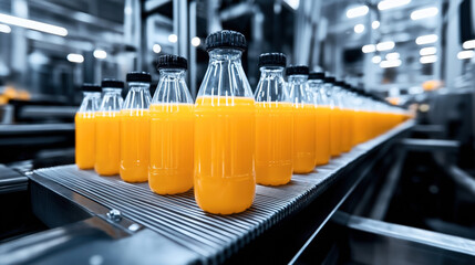 Conveyor belt with rows of orange juice bottles with black caps in a beverage manufacturing facility under industrial lighting.