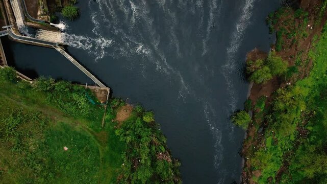 Ariel birds eye view of Kirkthorpe hydro on the river Calder.