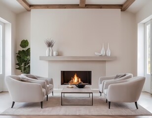 Elegant living room with a cozy fireplace in well-lit area neutral colors, modern furnishings