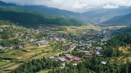 Obraz premium An aerial view of Thimphu, Bhutan s capital, with a mix of traditional architecture