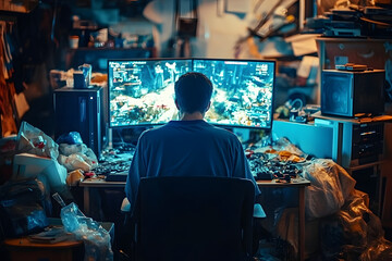 Video game addiction. Back view of man sitting in front of computer with trash and mess in the room, playing video games online