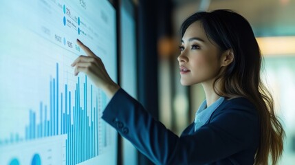 An Asian businesswoman pointing to a bar chart on a large screen while explaining the