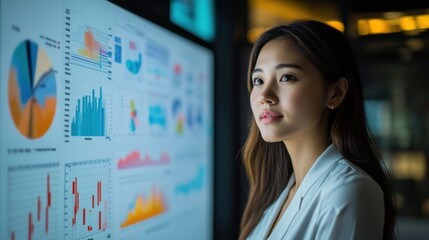 An Asian businesswoman pointing to a bar chart on a large screen while explaining the
