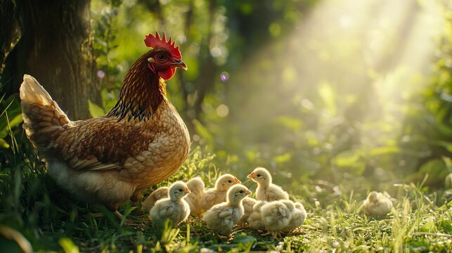 Protective Mother Hen with Chicks in Sunlit Field