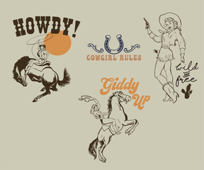 western cowgirl hand drawn vector set, cowgirl riding horse vector art, rodeo cowgirl artwork for t shirt, sticker, poster, print, embroidery   