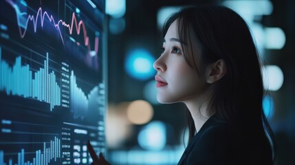 An Asian female executive explaining financial strategies with detailed graphs displayed