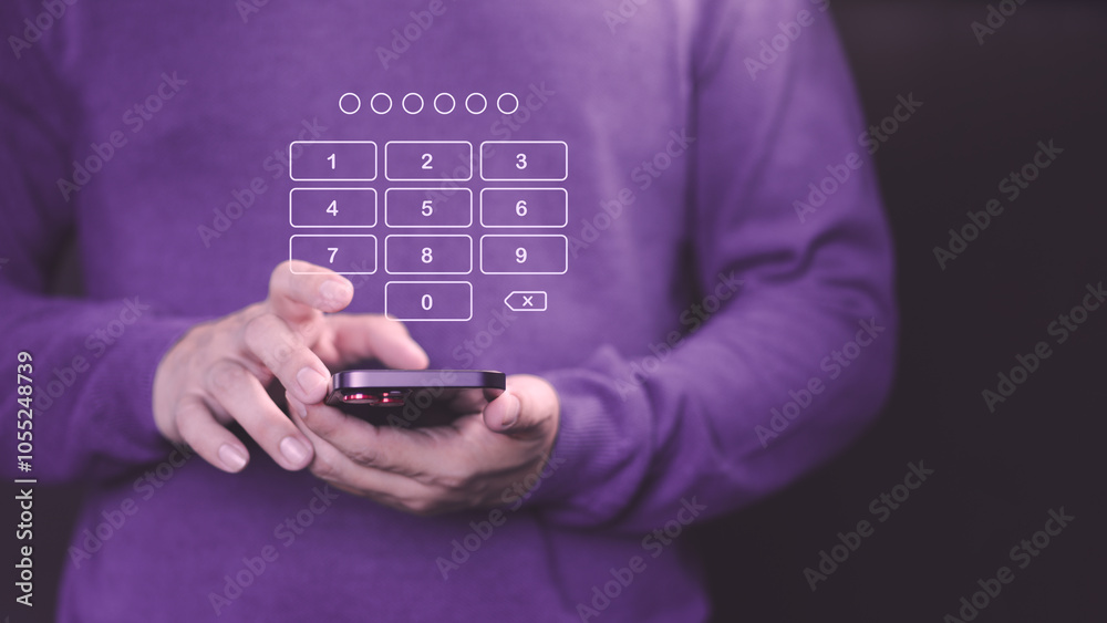 Poster Person holds a smartphone with a digital keypad overlay, entering a passcode for security access. This image represents digital security, PIN entry, and data protection on mobile devices.