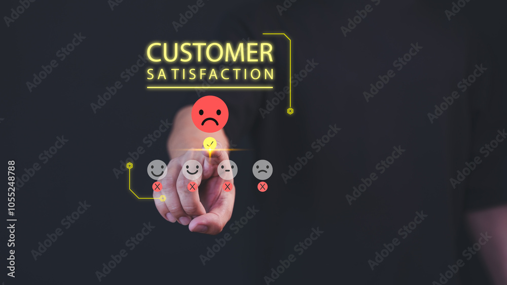 Poster a hand selects a sad face on a customer satisfaction scale, indicating negative feedback. bright tex