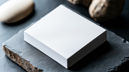 Fototapeta premium Minimalist display of a blank white textured card on a dark slate surface with blurred organic stones in the background