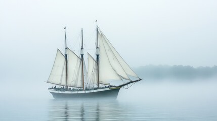 Obraz premium Vintage Frigate Sailing into a Fog Bank. Wooden Tall Ship Navigation at Sea