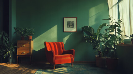 Cozy Living Room with Red Armchair and Greenery