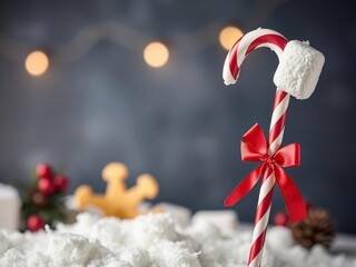 A fluffy white marshmallow with a festive Christmas lollipop cane, lollipop cane, holiday, Christmas