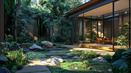 Obraz premium Modern Glass House Surrounded by Lush Greenery
