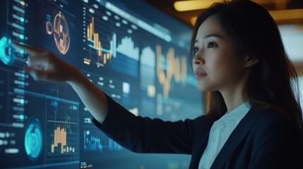 An Asian woman CEO standing in front of a large screen filled with data,