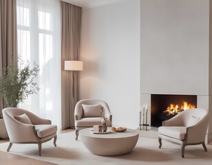 Elegant living room with a cozy fireplace in well-lit area neutral colors, modern furnishings