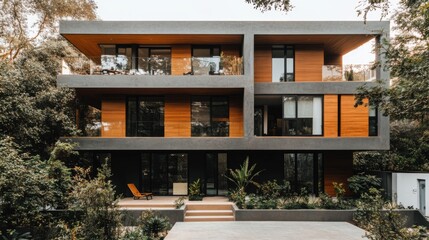 Fototapeta premium Modern Urban Architecture Surrounded by Lush Greenery