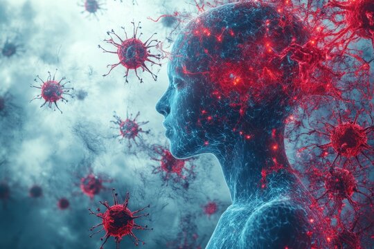 Human silhouette surrounded by abstract representations of viruses in a futuristic setting - Powered by Adobe