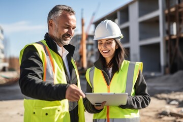 Civil engineer consulting with Hispanic colleague at a construction site during the day
