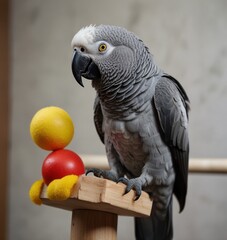 Obraz premium domestic gray parrot plays with toys sitting on a perch ai generate