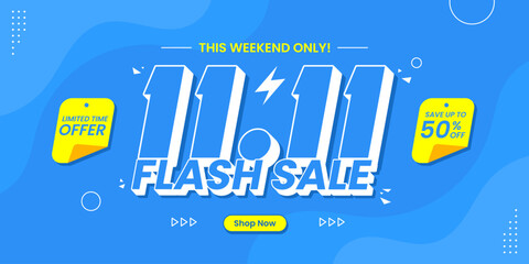 11 11 flash sale promo banner with discount offer. 11 11 shopping festival super sale banner. Flash sale special offer banner for social media post or website banner. Flash sale campaign