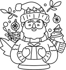 Christmas, cute cartoon, elements, lines, white, coloring, illustration, Santa, card