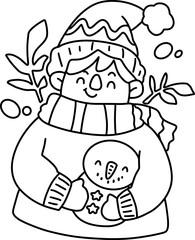 Christmas, cute cartoon, elements, lines, white, coloring, illustration, Santa, card