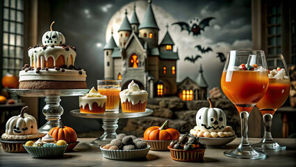 Spooky Halloween Party: Haunted Mansion Drinks and Decorations  Gothic Castle Background  Perfect for Halloween Season Images
