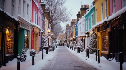 Fototapeta premium The charming streets of Notting Hill in winter, with snow-dusted colorful houses