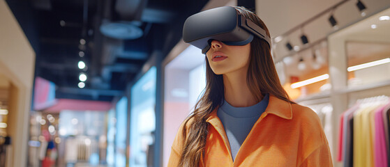 Young Woman Experiencing Virtual Reality in a Clothing Store