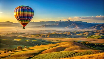 A hot air balloon soars high above the landscape of a vast open plain with rolling hills and towering mountains, clouds, movement, weightlessness