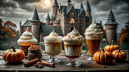 Obraz premium Golden Ratio Latte on Haunted Gothic Castle Background: Spooky Halloween Sweets with Copy Space