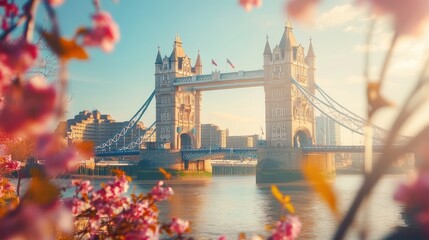 Obraz premium The iconic Tower Bridge framed by blooming spring flowers along the Thames Path