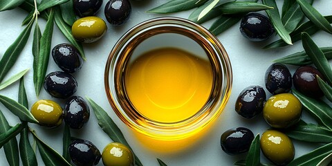 Artistic top-down view of olives and olive oil, ideal for promoting World Vegan Month, healthy cooking, or gourmet design projects.