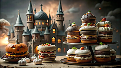 Obraz premium Halloween Burger Monsters on Golden Ratio Spooky Castle Background with Candy Bar and Decorations for Autumn Parties