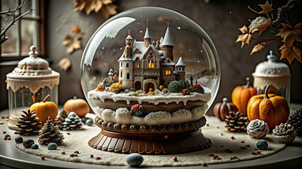 Fototapeta premium Autumn Halloween Cake with Ghost Meringue, Golden Ratio Snow Globe, Festive Thanksgiving Sweets, Copy Space for Text