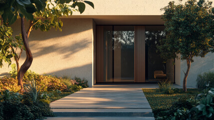 Fototapeta premium Modern Minimalist House Entrance with Lush Garden