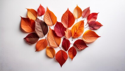 Heart Shaped Composition of Autumn Leaves in Shades of Red, Orange, and Yellow on White Background, Perfect for Fall Themed Decor, Seasonal Greeting Cards, or Thanksgiving Celebration Designs