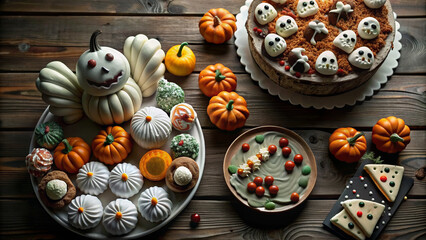 Fototapeta premium Halloween Candy Bar and Decorations on Wooden Table, Top View with Copy Space, Traditional Autumn Treats for Halloween and Thanksgiving Party