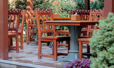 patio restaurant outdoor space furniture chairs and table without people here