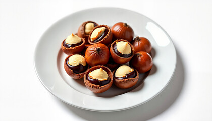 Fototapeta premium Plate of roasted chestnuts with creamy filling on white background for culinary presentation 