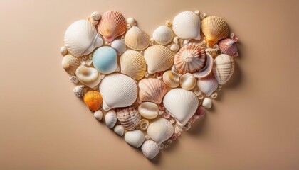 Obraz premium Heart Shaped Seashell and Coral Composition on Sandy Background Symbolizing Ocean Conservation, Coastal Cleanliness, and Marine Biodiversity Protection Against Pollution and Environmental Degradation