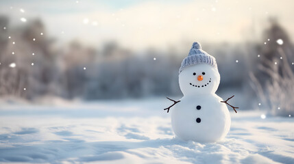 Obraz premium Happy snowman in winter scenery with copy space, blurred bokeh snow magical white landscape background
