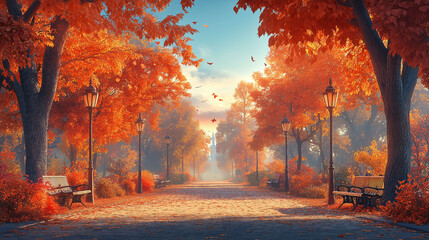 Serene Autumn Park Path with Sunlight Streaming Through Golden Leaves