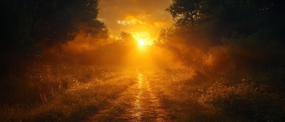 Naklejka premium Forest Path at Sunset, a tranquil scene where a winding trail disappears into shadowy trees under a vibrant sunset sky, evoking serenity and adventure