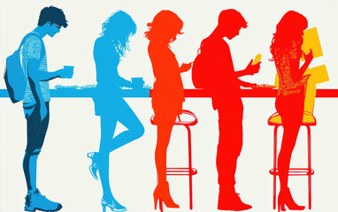 A vibrant silhouette of young individuals at a bar, engaged with their devices and drinks, showcasing modern social interaction.