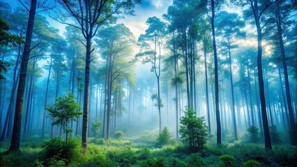 Obraz premium A misty forest with tall trees and overgrown foliage under a soft light blue sky, serenity, landscape, solitude